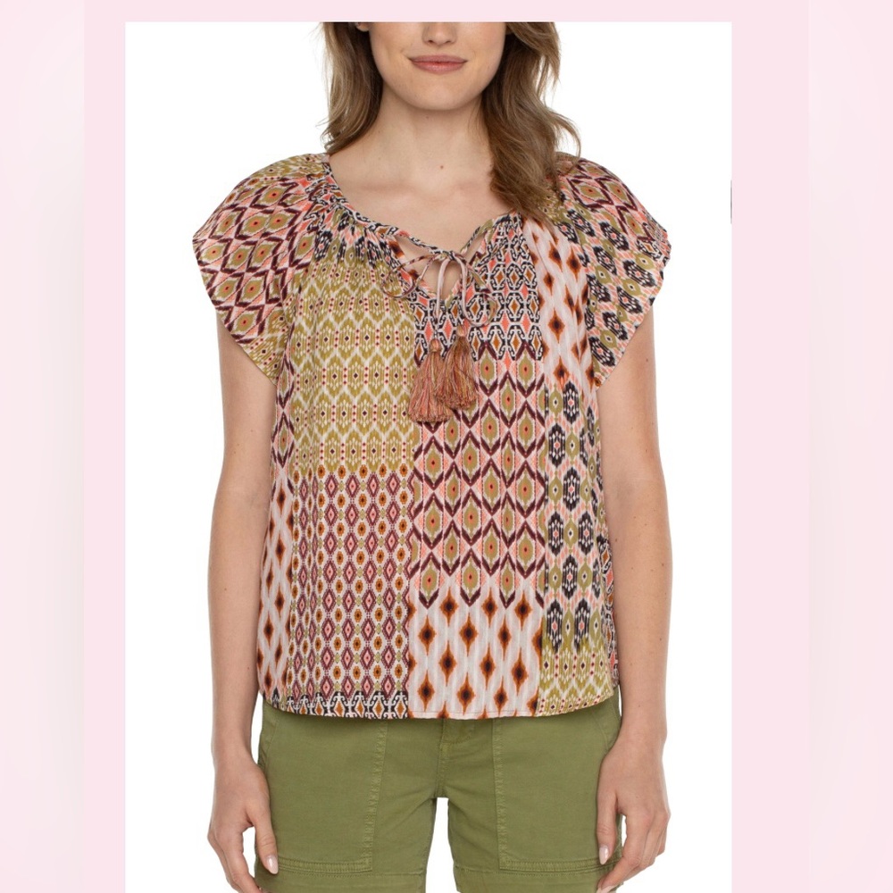 Liverpool Geo Patchwork Flutter Sleeve Top Size S NWT $79
